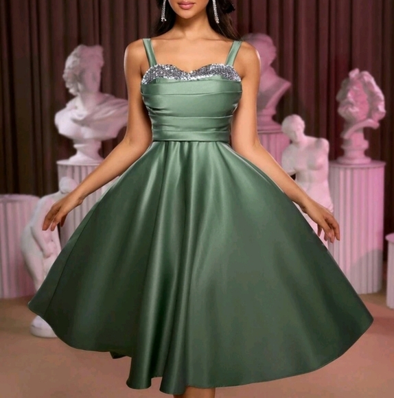 Dresses & Skirts - Elegant And Gorgeous Green Satin Fabric Dress For Women. Luxurious Spaghetti